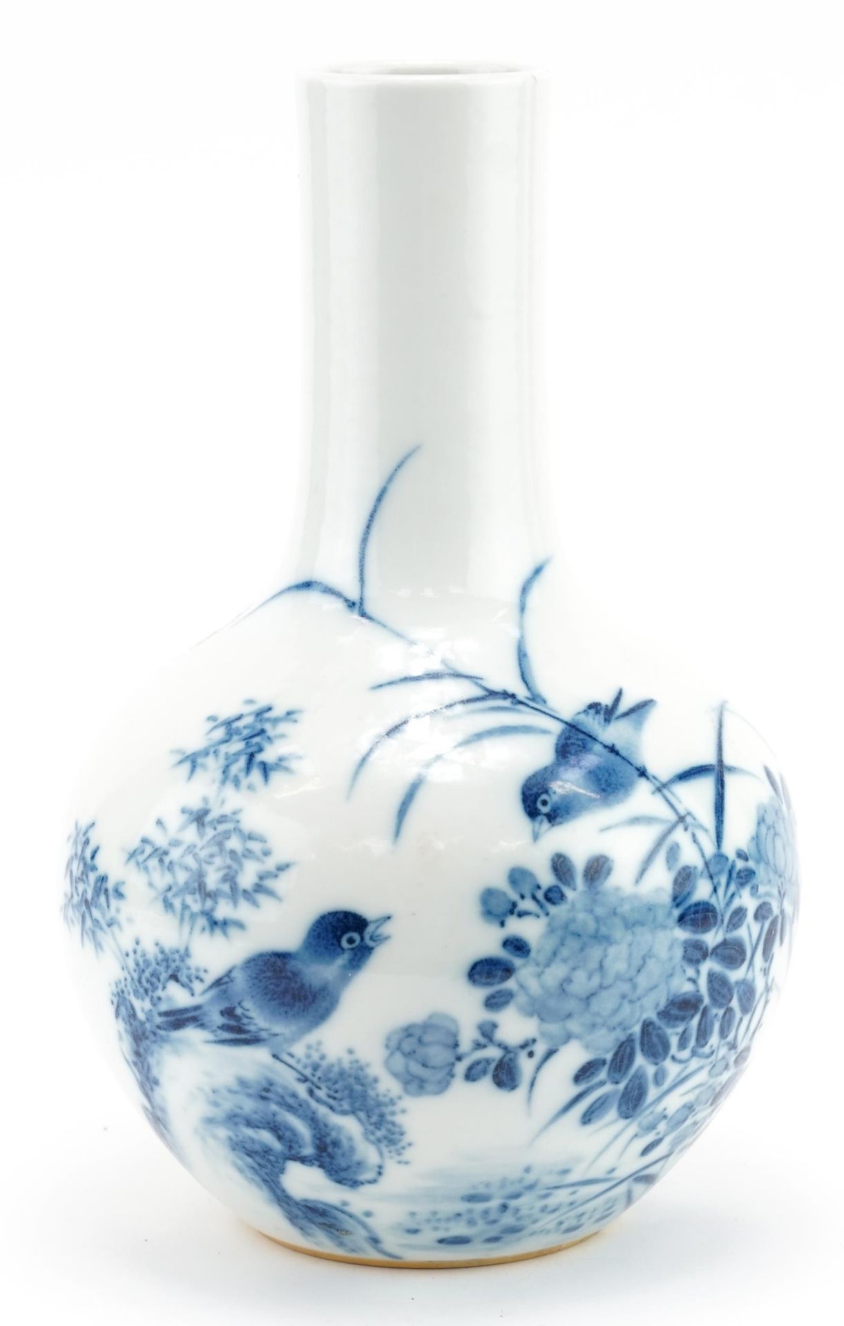 Chinese blue and white porcelain vase hand painted with a bird amongst flowers and calligraphy,