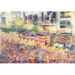 J Arnott 1999 - Manchester Pride Parade with red double decker bus, pencil signed print in colour,