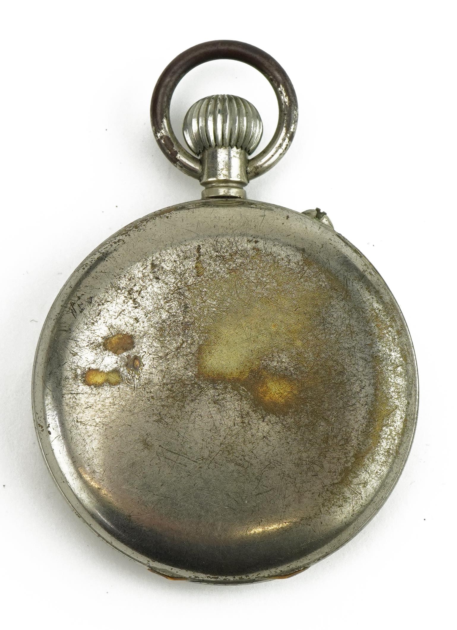 Gentleman's open face pocket watch with military type dial housed in a silver mounted strut pocket - Image 4 of 5