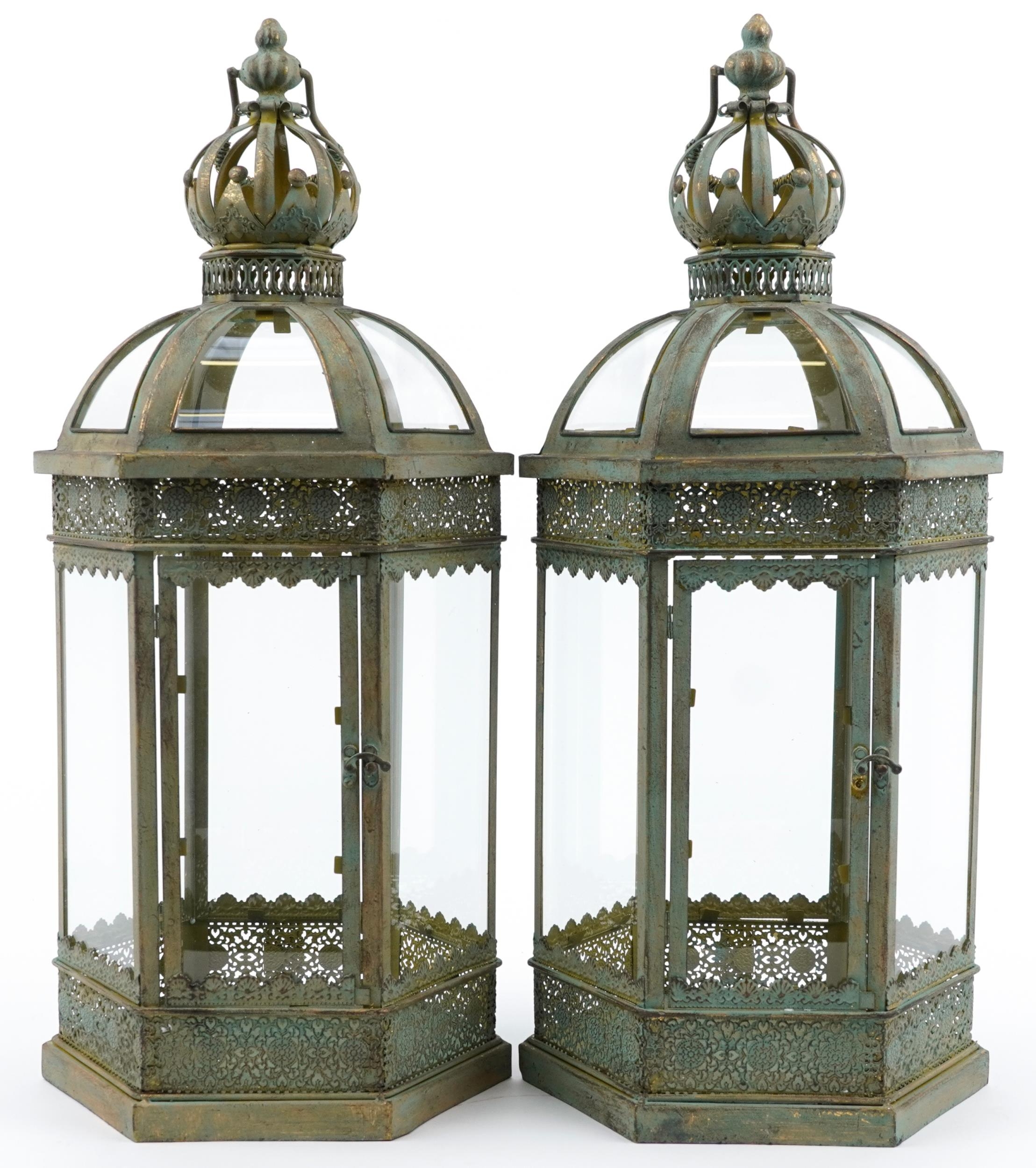 Pair of partially gilt metal and glass hexagonal hanging lanterns, 62cm high : For further