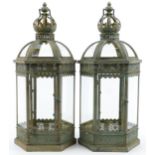 Pair of partially gilt metal and glass hexagonal hanging lanterns, 62cm high : For further