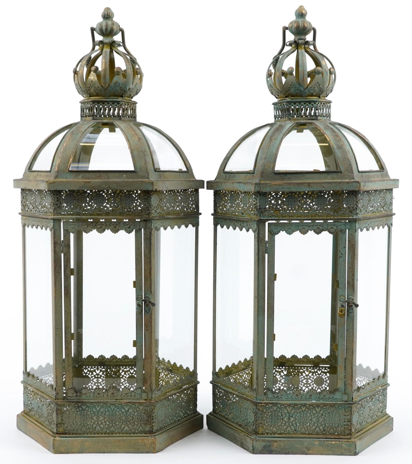 Pair of partially gilt metal and glass hexagonal hanging lanterns, 62cm high : For further