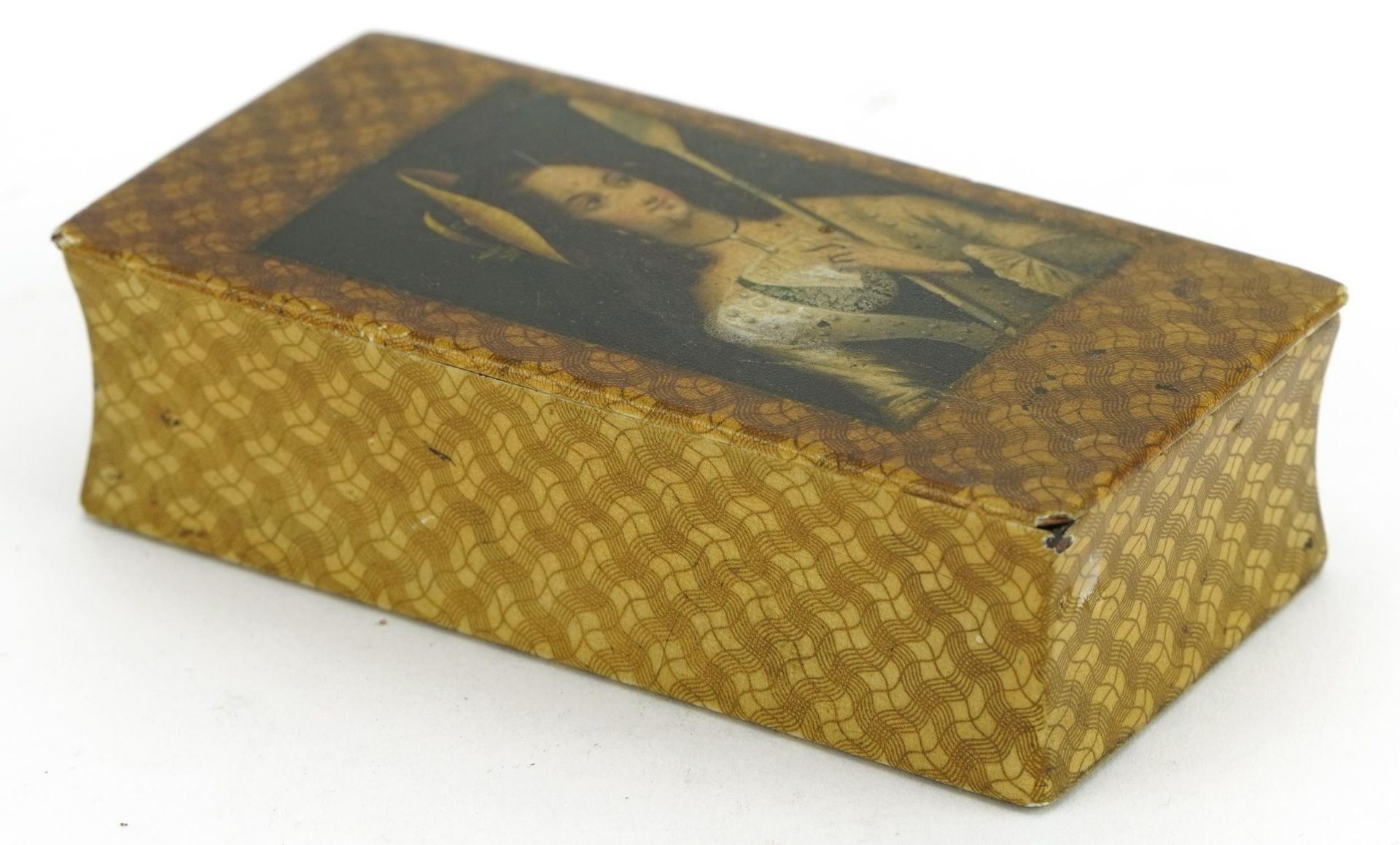 19th century wooden snuff box with hinged lid decorated with a portrait of a female in 18th