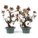 Pair of Chinese hardstone bonsai trees housed in cloisonne planters enamelled with flowers, each