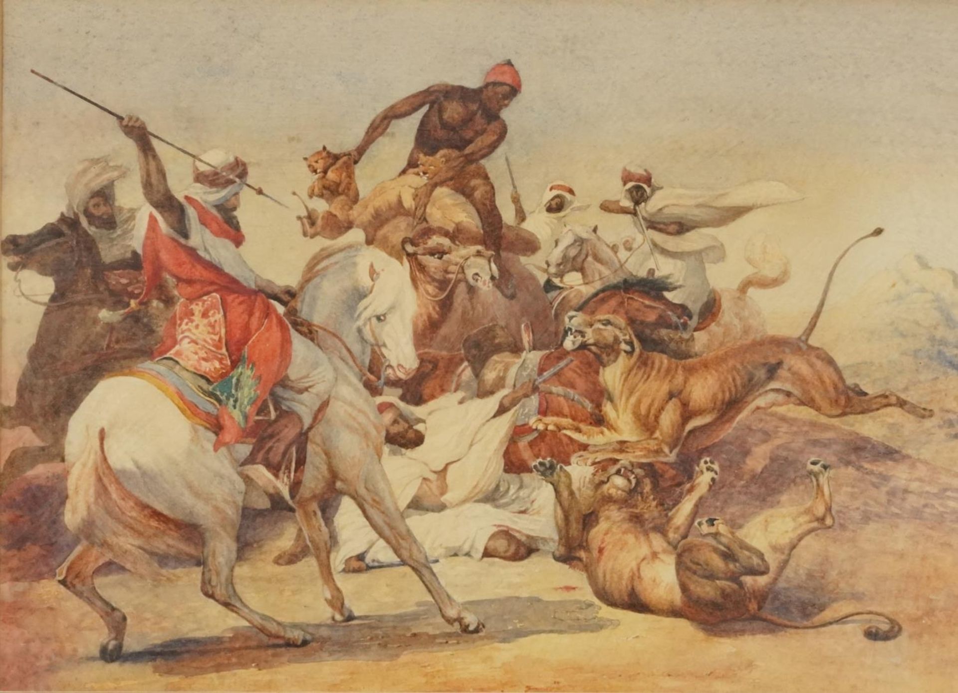 After Peter Paul Rubens - A lion hunt, watercolour, mounted, framed and glazed, 32.5cm x 23.5cm