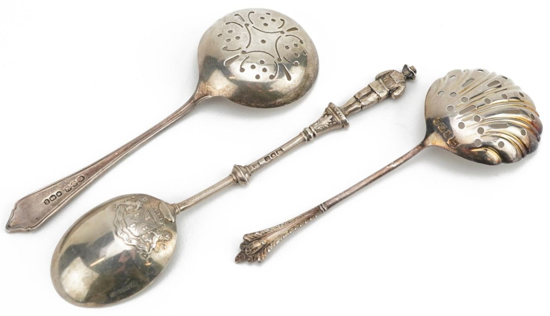 Two Victorian and later silver sifting spoons and a silver Plymouth souvenir teaspoon, the largest - Image 2 of 3