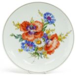 Meissen, German porcelain plate hand painted with flowers, blue crossed sword marks to the