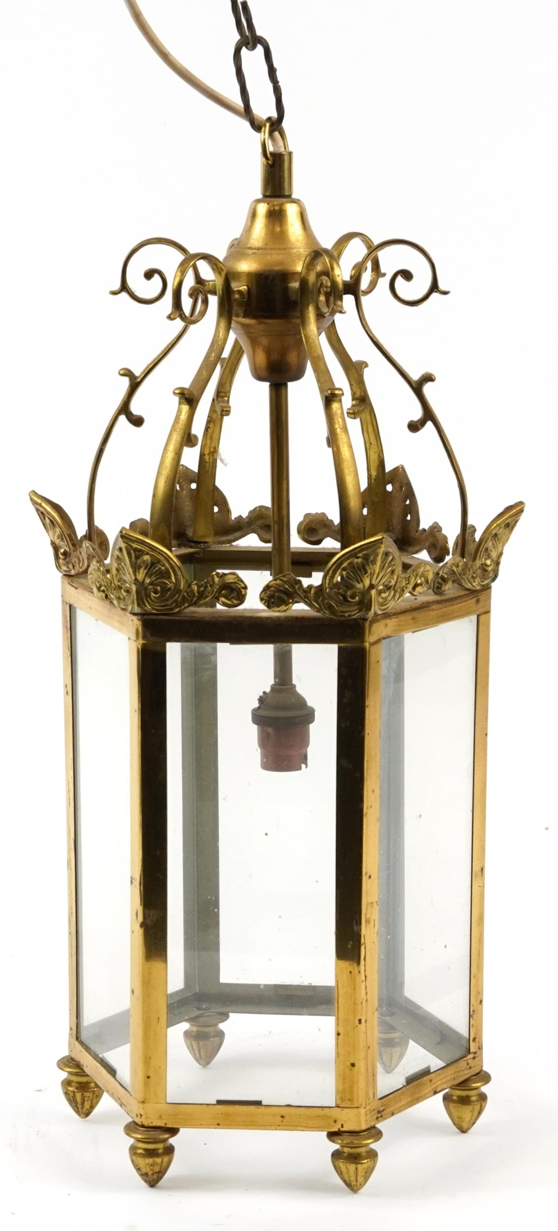 Vintage hexagonal brass and glass hanging lantern, 53cm high : For further information on this lot