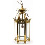 Vintage hexagonal brass and glass hanging lantern, 53cm high : For further information on this lot