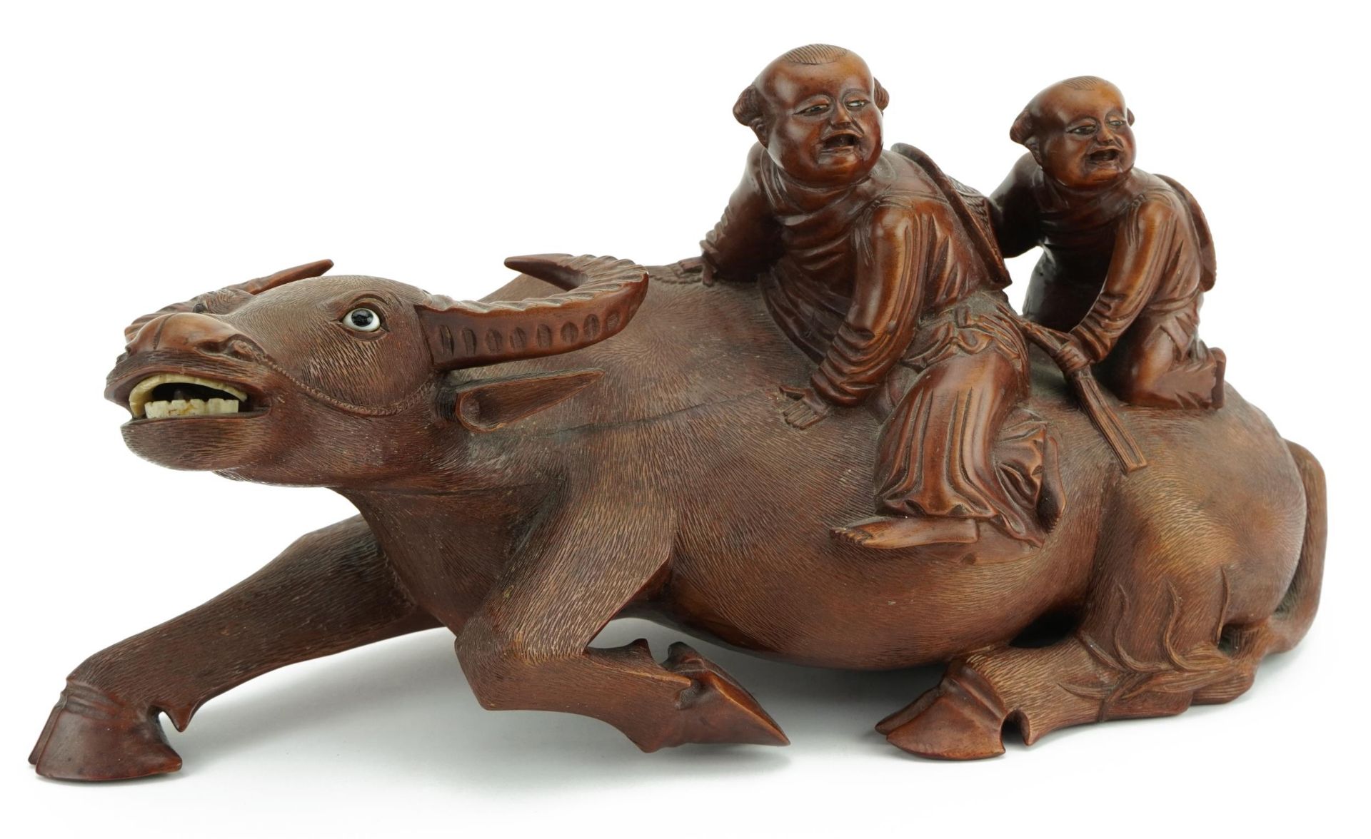 Large Chinese hardwood carving of two boys on water buffalo, 35cm in length : For further