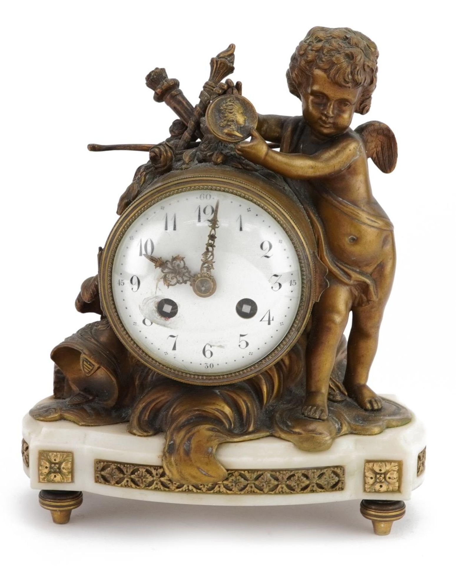 19th century French bronze and marble Putti design mantle clock with circular enamelled dial - Image 2 of 4