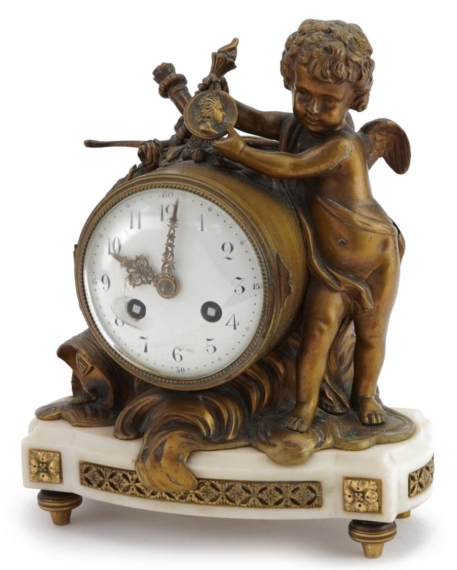 19th century French bronze and marble Putti design mantle clock with circular enamelled dial