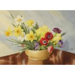 C V Parker - Still life flowers in a bowl, watercolour, label verso, mounted, framed and glazed,