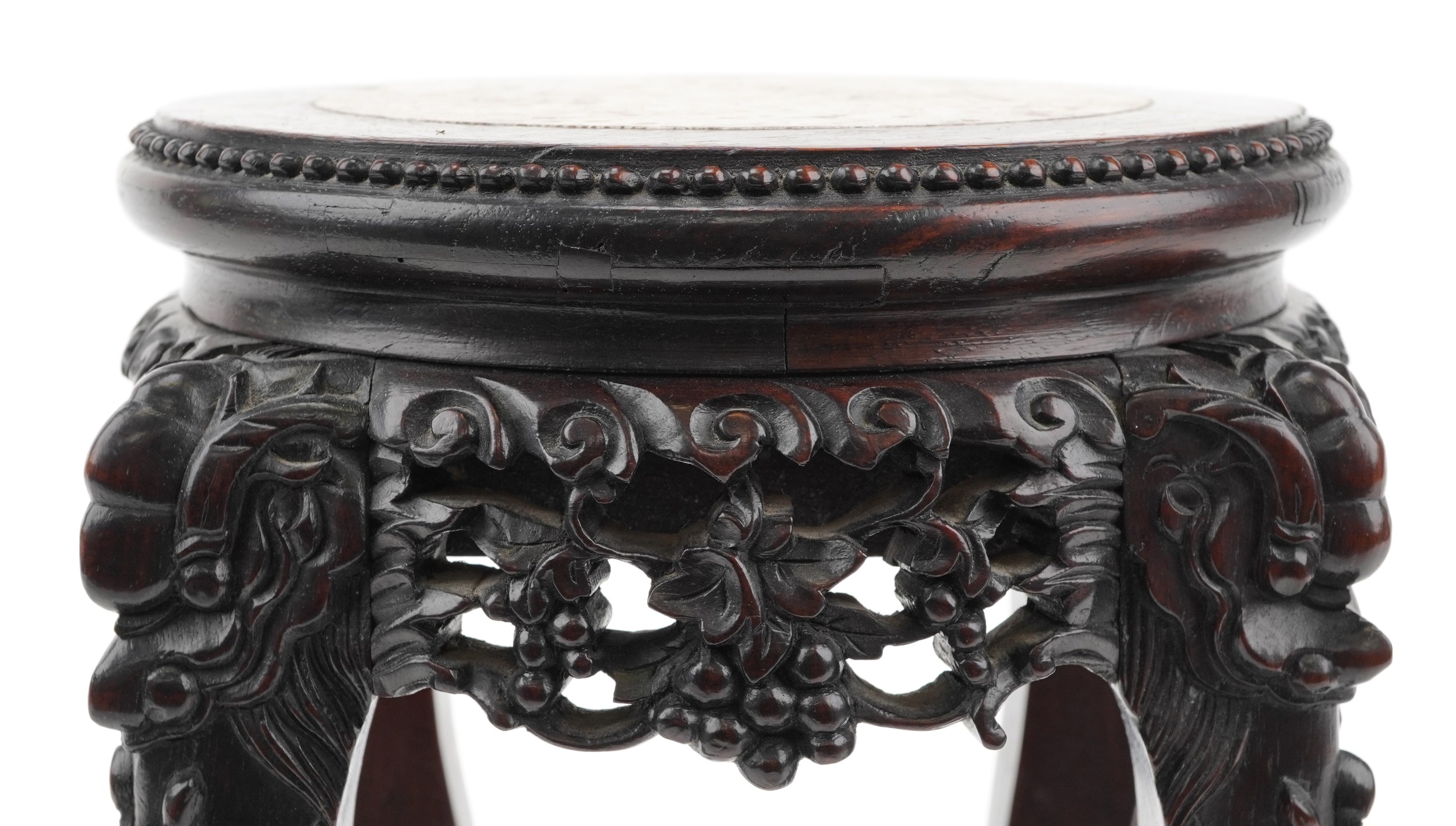 Chinese hardwood vase stand with inset marble top finely carved with mythical faces and foliage, - Image 4 of 5