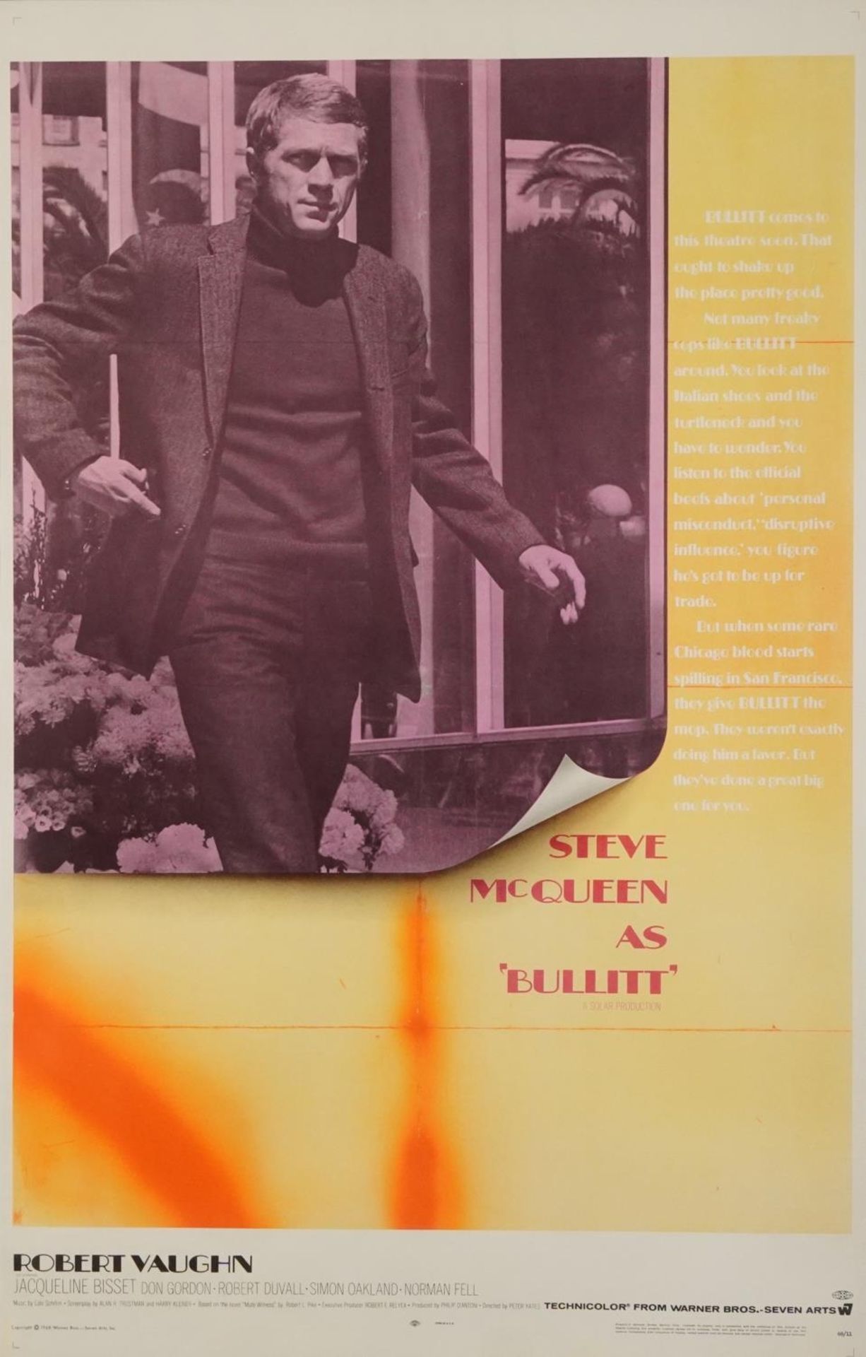 Steve McQueen interest Bullitt film poster, copyright 1968 Warner Bros, Seven Arts Inc, USA,