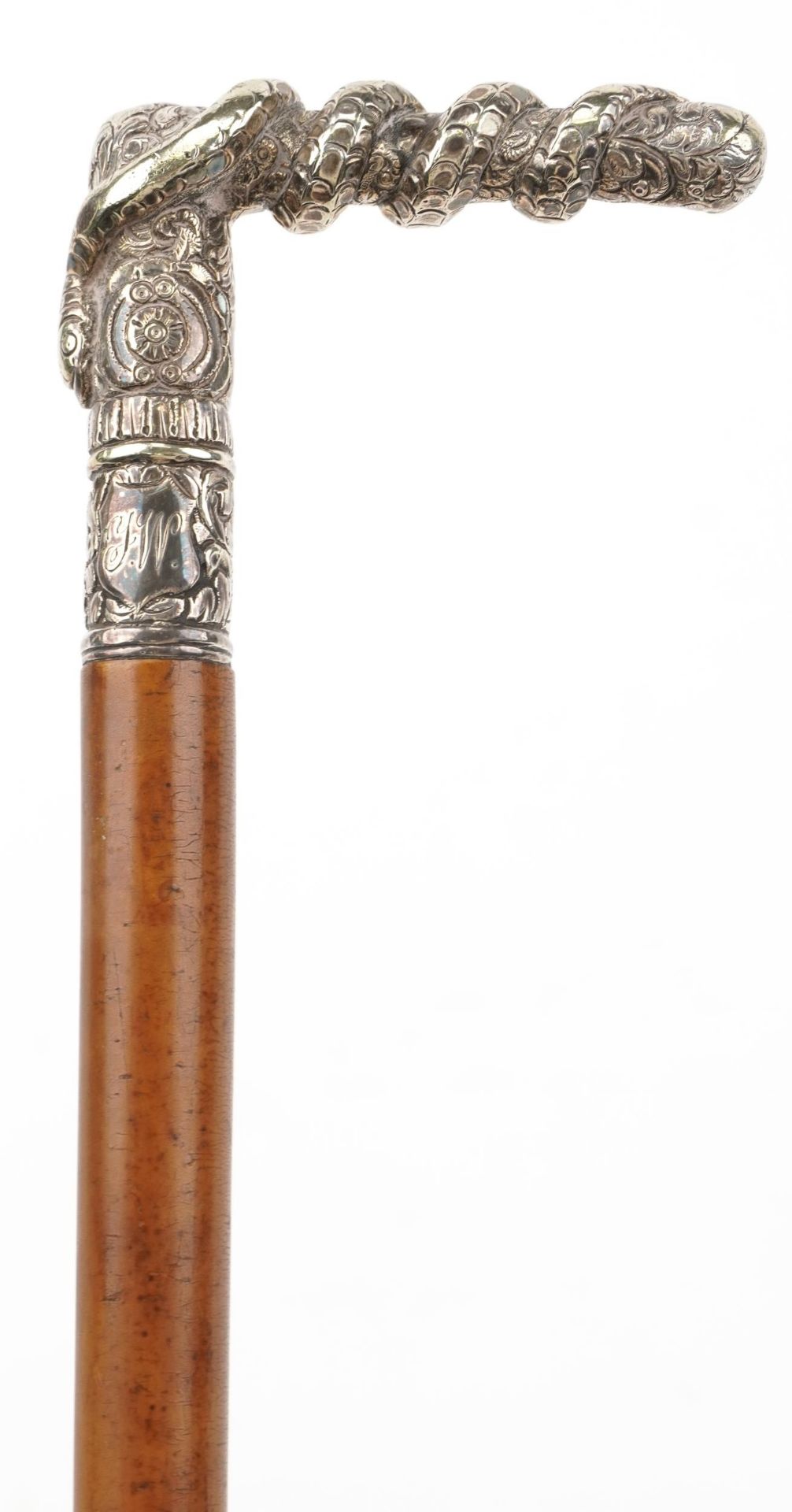 Victorian malacca walking stick with silver plated serpent design handle, 87.5cm in length : For