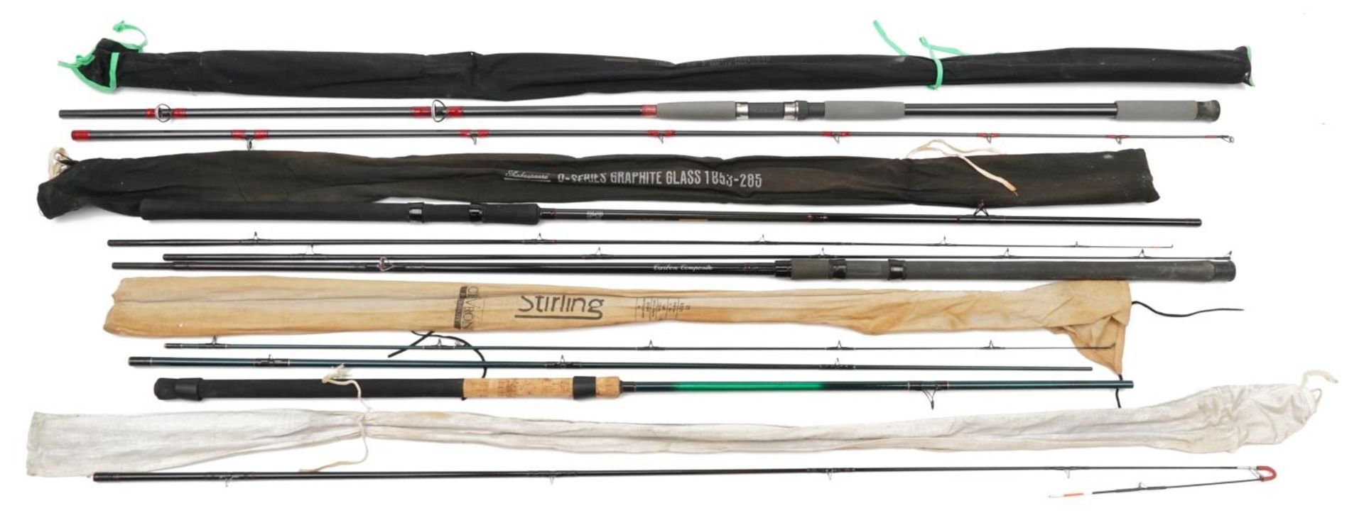 Four carbon fishing rods comprising Silstar MX3820-285, Chevron Sterling, Shakespeare 0-Series