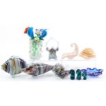 Art glassware including Venetian glass flowers, Murano fish and Mdina glass, the largest 35cm in
