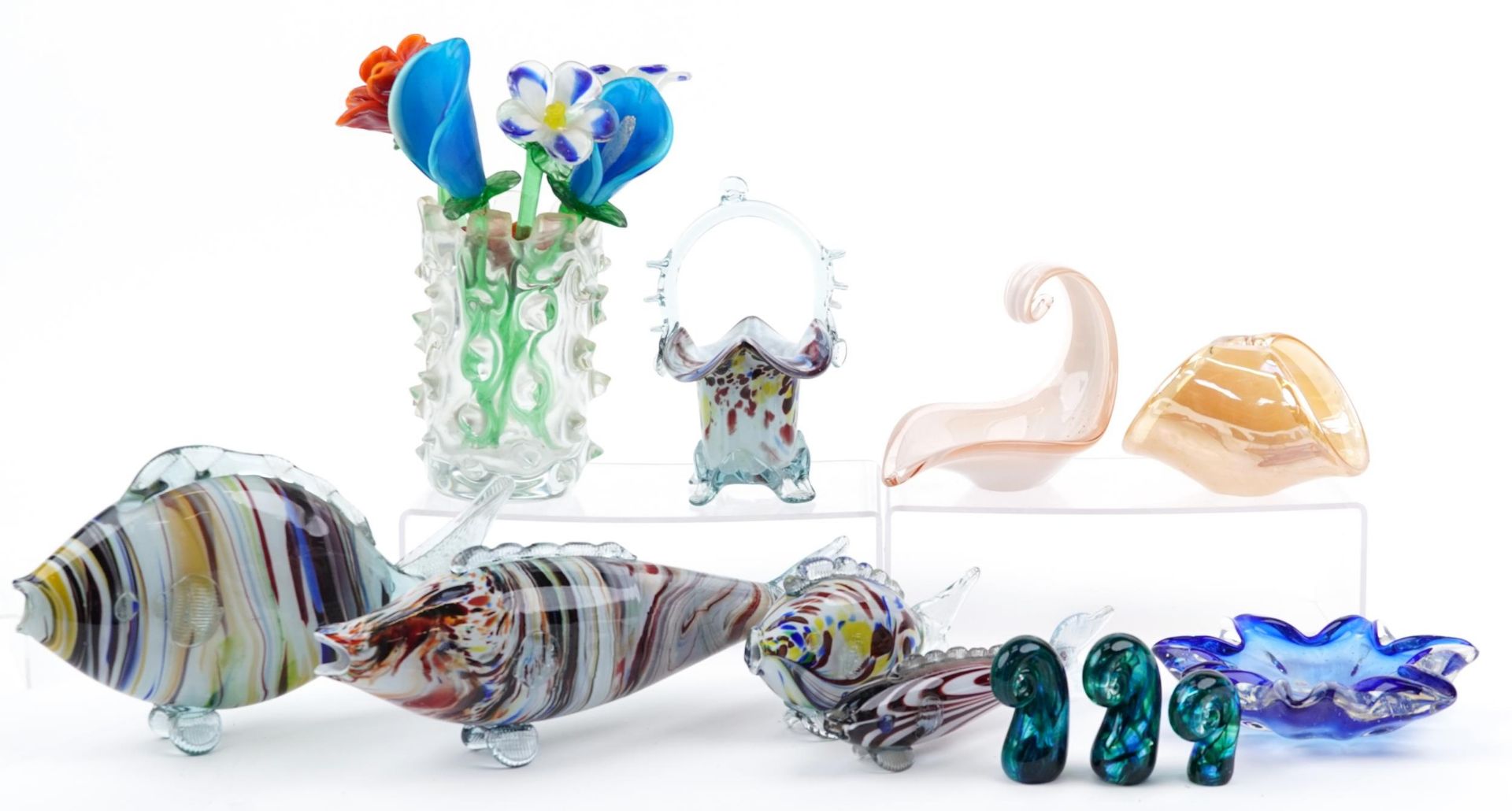 Art glassware including Venetian glass flowers, Murano fish and Mdina glass, the largest 35cm in