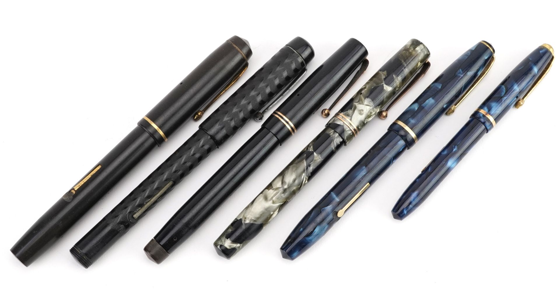 Six vintage fountain pens with gold nibs, three marbleised, including National Security, Swann