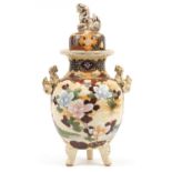 Large Japanese Satsuma pottery Koro and cover with twin handles hand painted with flowers, 49cm high