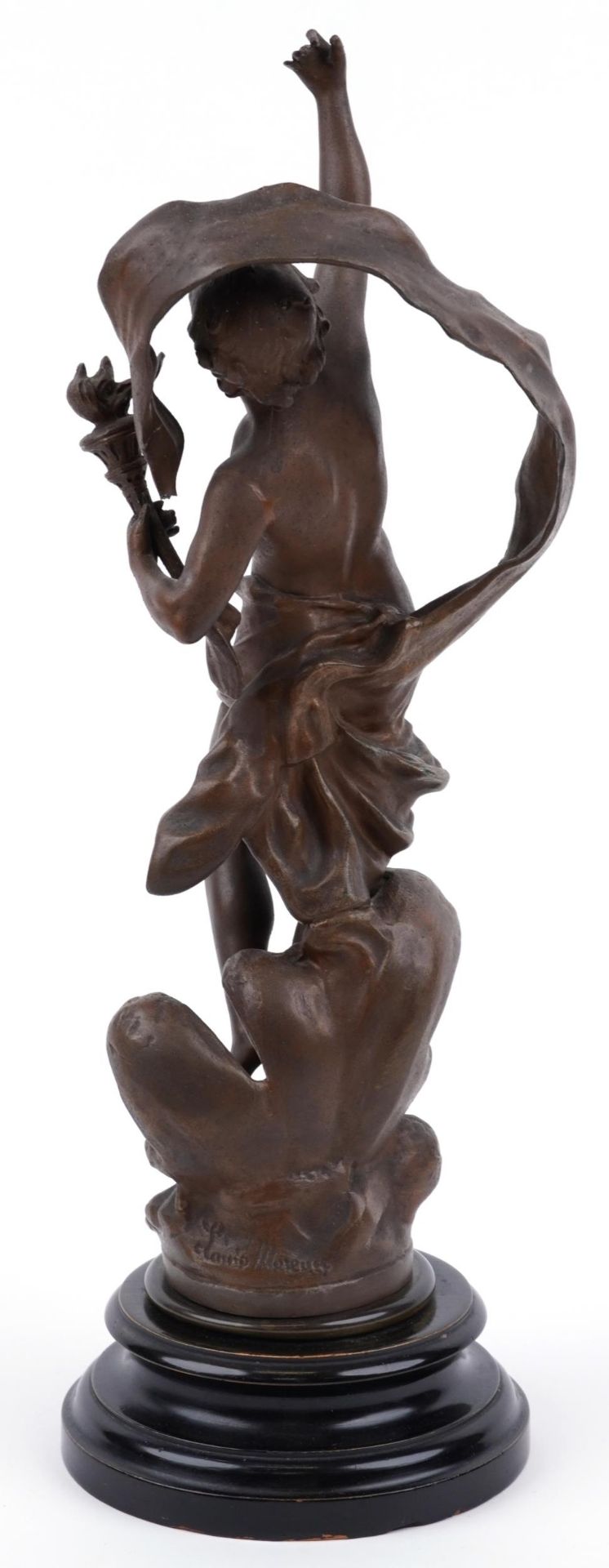 Patinated spelter study of a nude male holding a flaming torch raised on a circular ebonised base - Image 2 of 4