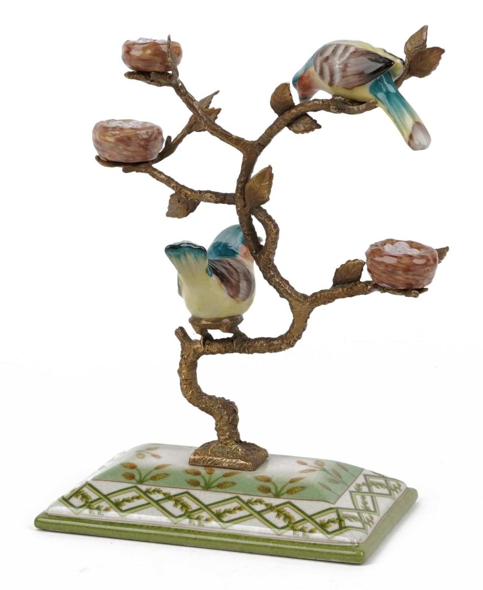 Antique style porcelain and bronze centrepiece in the form of two birds on branches with bird's - Image 2 of 4