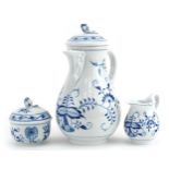 Meissen, German porcelain Blue Onion pattern lidded water jug, milk jug and lidded bowl