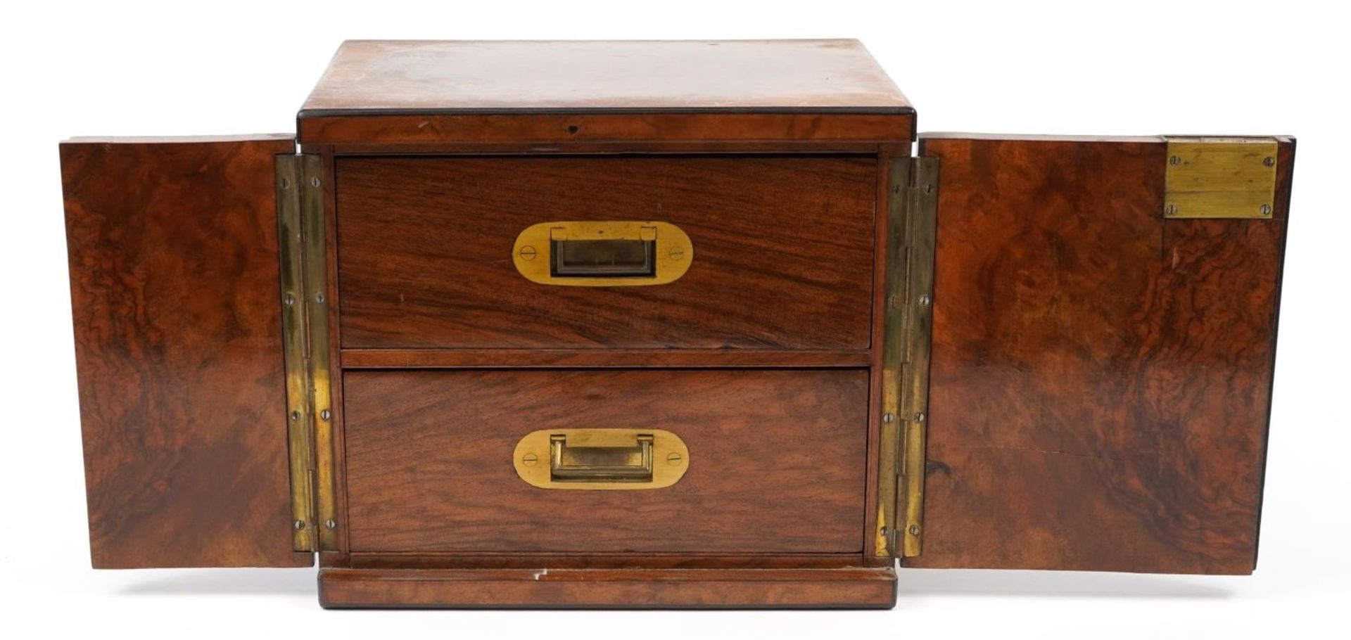 Victorian burr walnut campaign style cigar chest with opening front enclosing two drawers with inset - Image 2 of 4