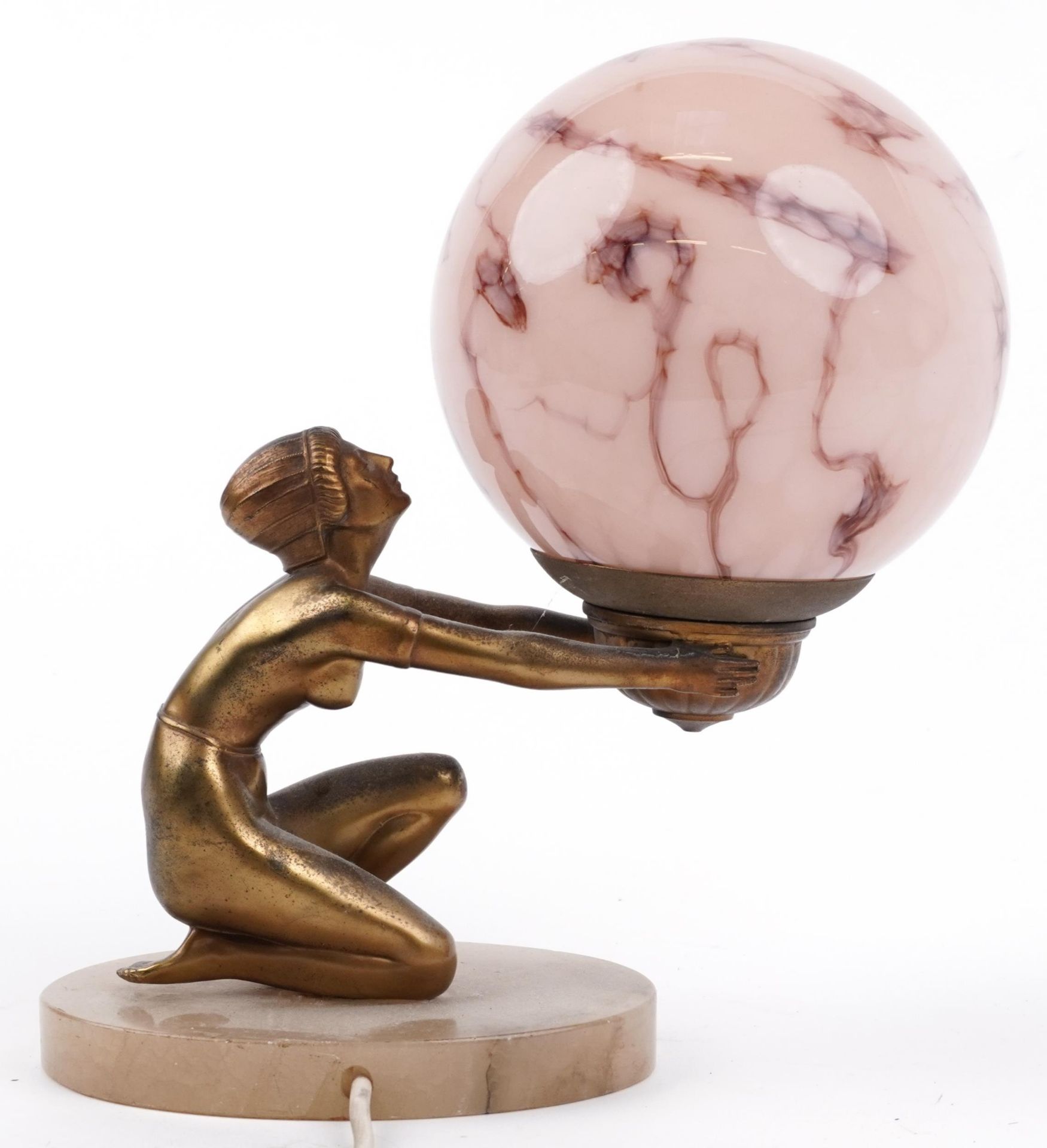 Art Deco gilt metal figural table lamp in the form of a nude female with globular pink glass - Image 2 of 3
