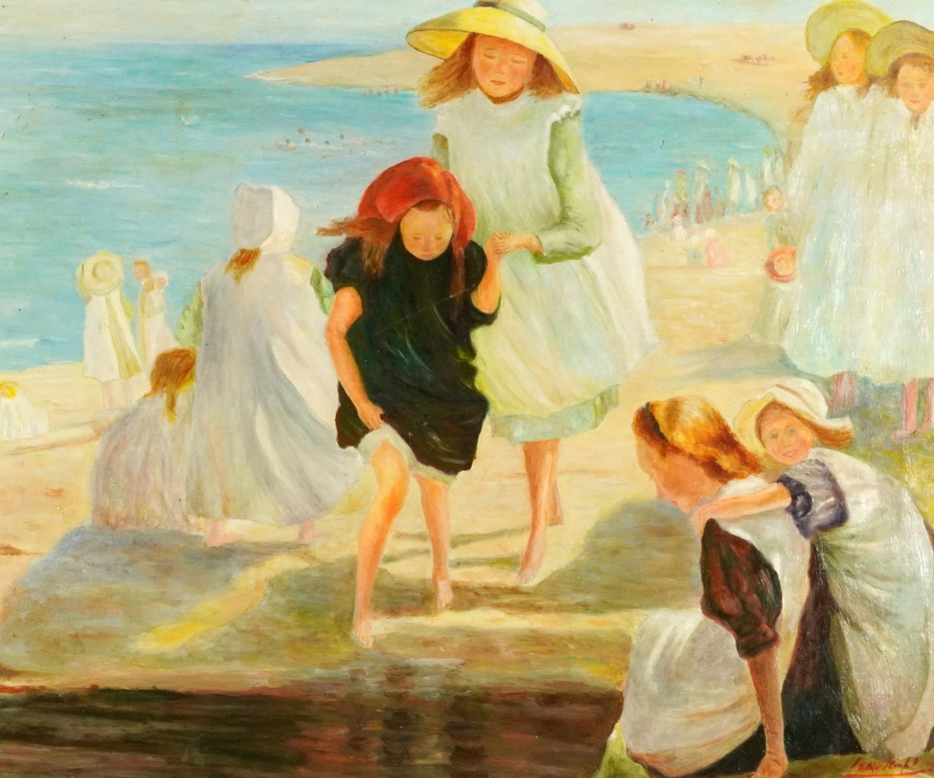 Manner of Laura Knight - Children playing on a beach, Modern British oil on board, mounted and