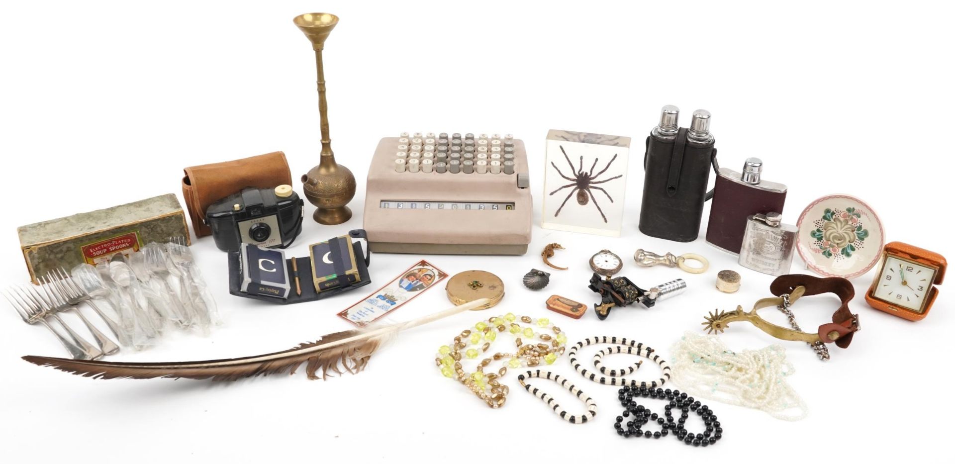 Sundry items including a vintage Plus calculator, hip flasks, costume jewellery, pocket watch and