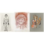 Karel Lek - Jazz singer and two others, three chalks, unframed, the largest 41cm x 30cm : For