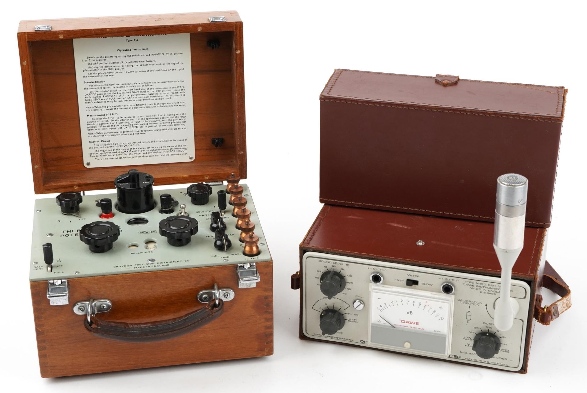 Two vintage electrical meters with cases comprising Dawe Octave Band Sound Level meter type 1419D