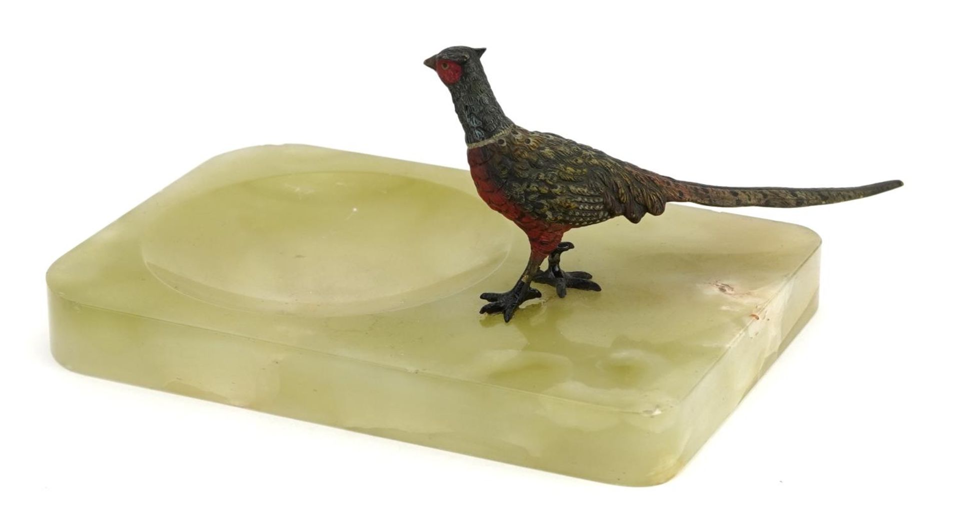 Green onyx dish surmounted with a cold painted bronze pheasant in the manner of Franz Xaver - Bild 2 aus 3