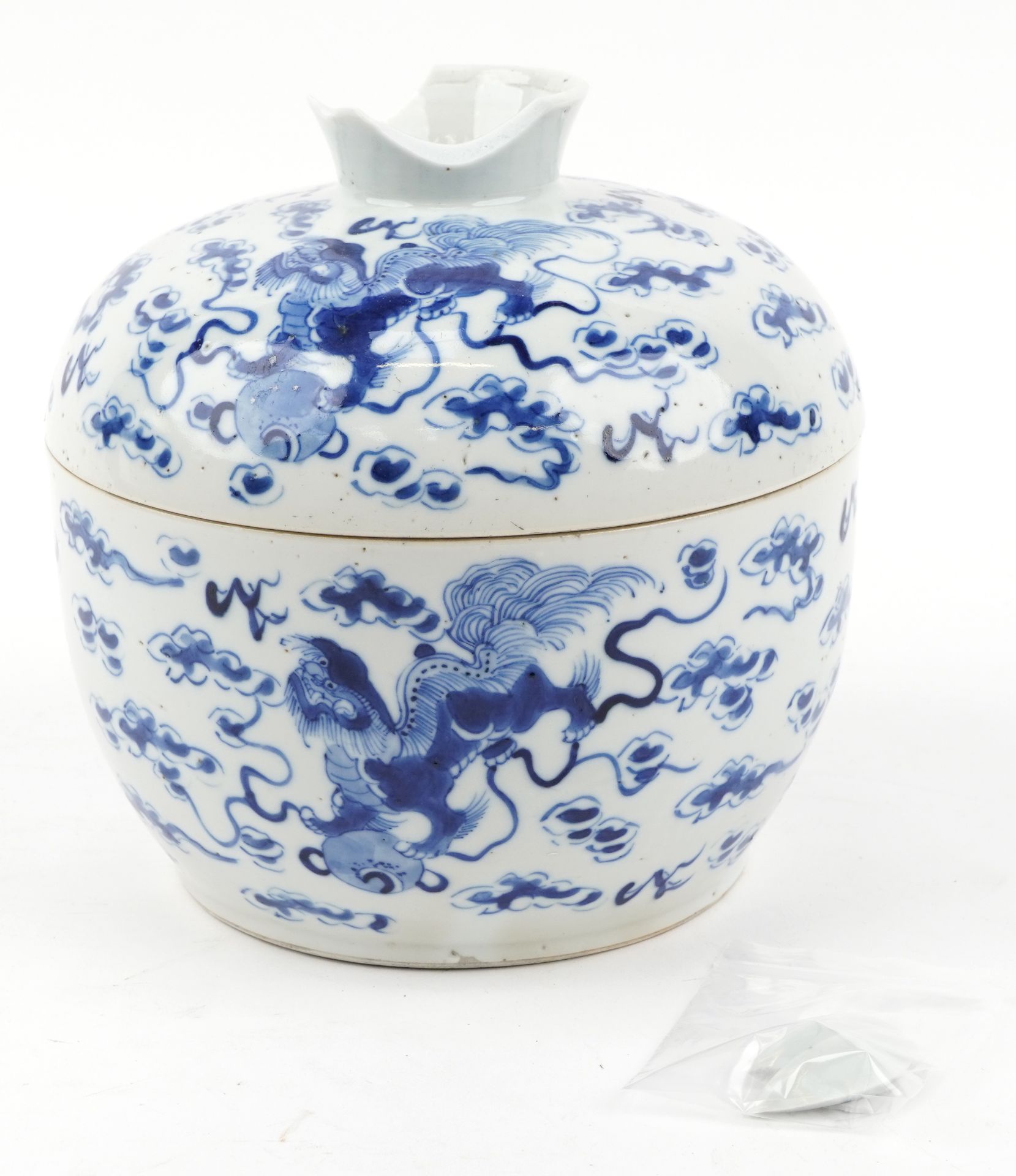 Unusually Large Chinese blue and white porcelain bowl and cover hand painted with qilins amongst