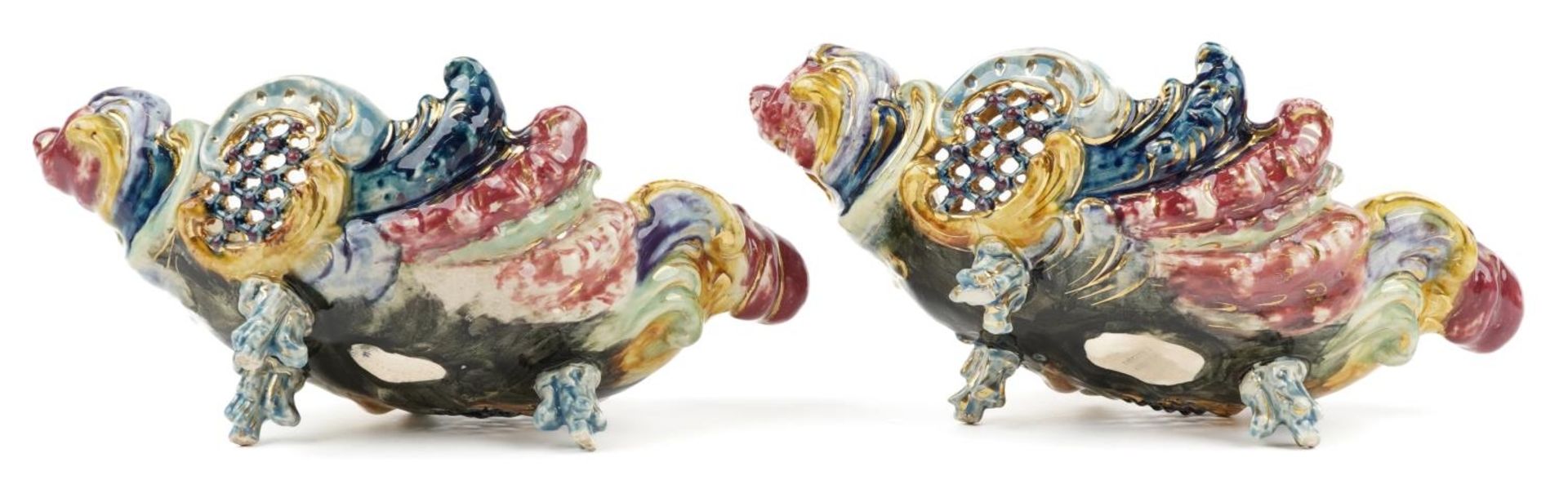 Zsolnay Pecs, pair of Hungarian piece shell shaped baskets hand painted with flowers, each stamped - Image 4 of 5