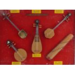 Glazed diorama of Chinese musical instruments including San-hseieh and Swei Dynasty flute, overall
