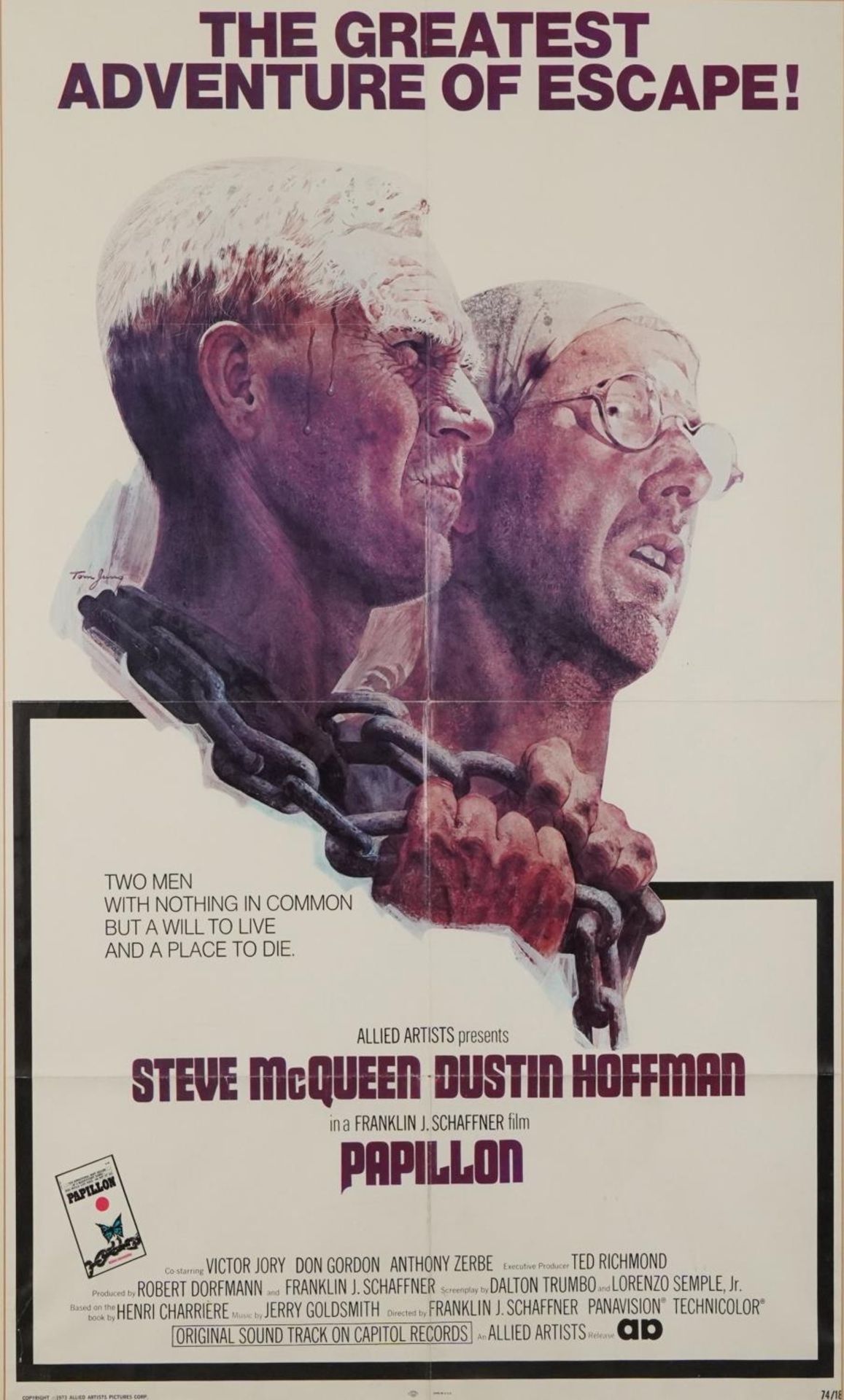 Steve McQueen interest Papillion film poster, copyright 1973 Allied Artists Pictures Corp, USA,