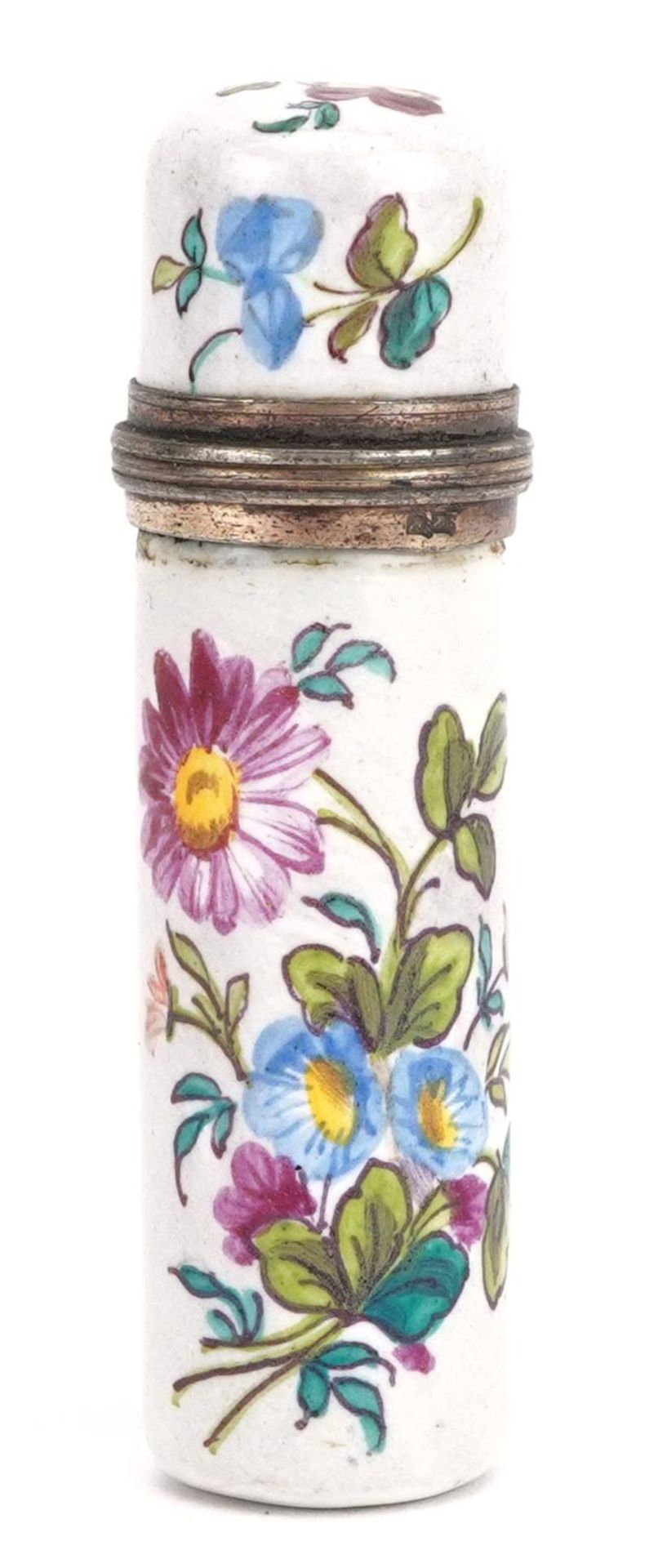 19th century French enamel scent bottle with silver gilt mounts hand painted with flowers, 5cm