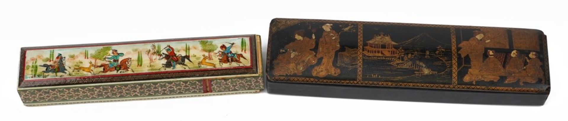 Persian Vizagapatam style pen box hand painted with huntsmen and a Chinese lacquered example - Image 2 of 4