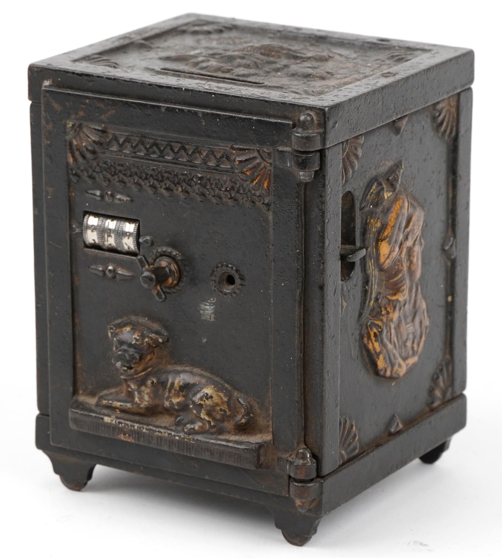 Antique cast iron miniature combination safe decorated in relief with busts and a dog, 15.5cm H x