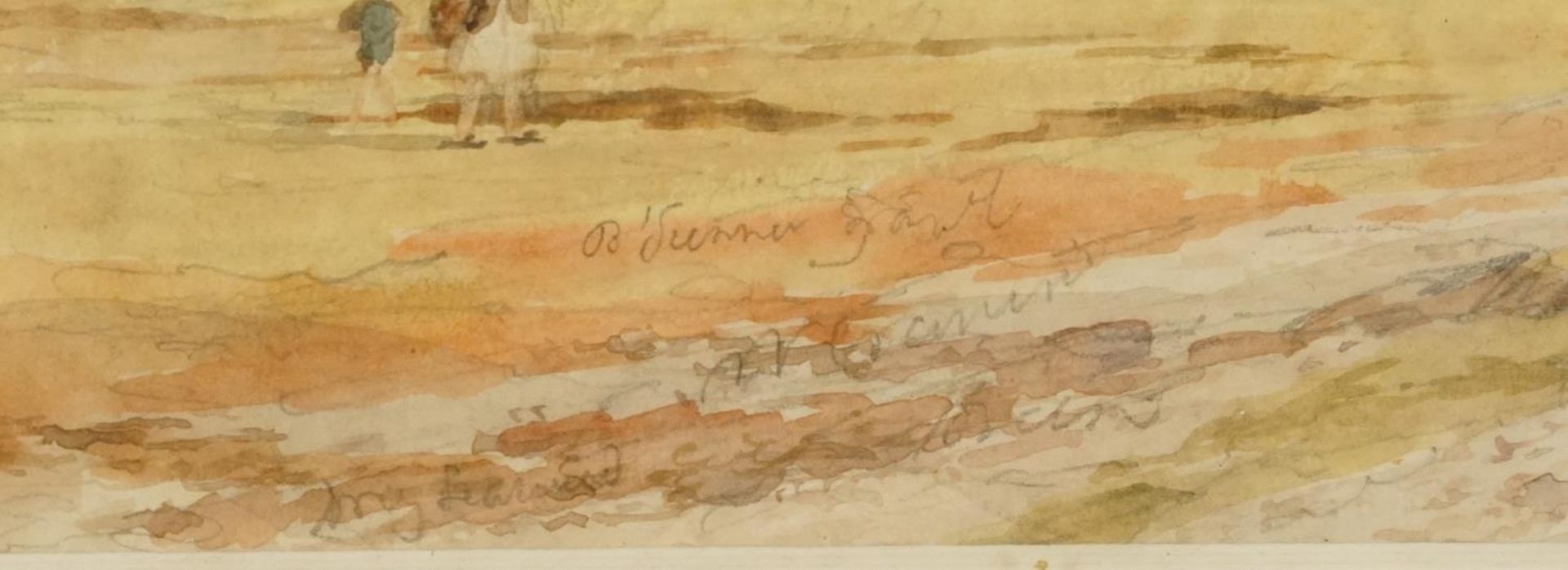 Coastal landscape with figures before boats, watercolour with pencil annotations, London stamp - Image 3 of 6