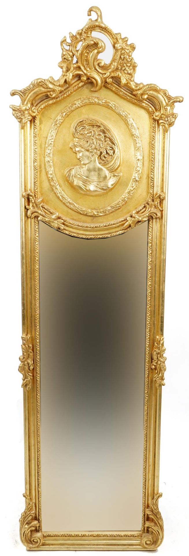 Large ornate gilt framed wall mirror with bevelled glass and relief panel of a maiden, 180cm x