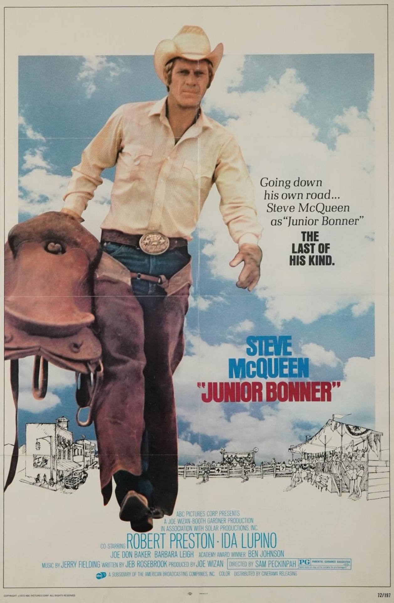 Steve McQueen interest Junior Bonner film poster, copyright 1972 ABC Pictures Corp, USA, mounted,
