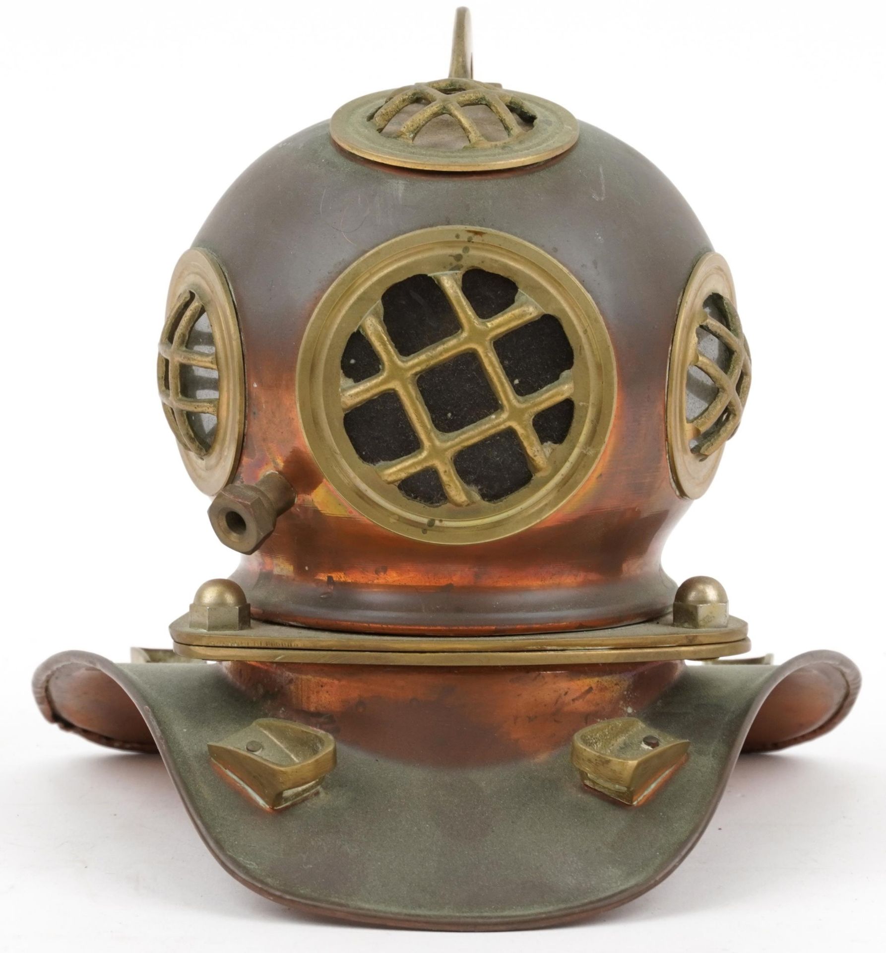 Miniature copper and brass model of a diver's helmet, 17.5cm high : For further information on