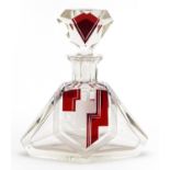 Large Art Deco ruby flashed cut glass scent bottle having an etched geometric design, 19.5cm