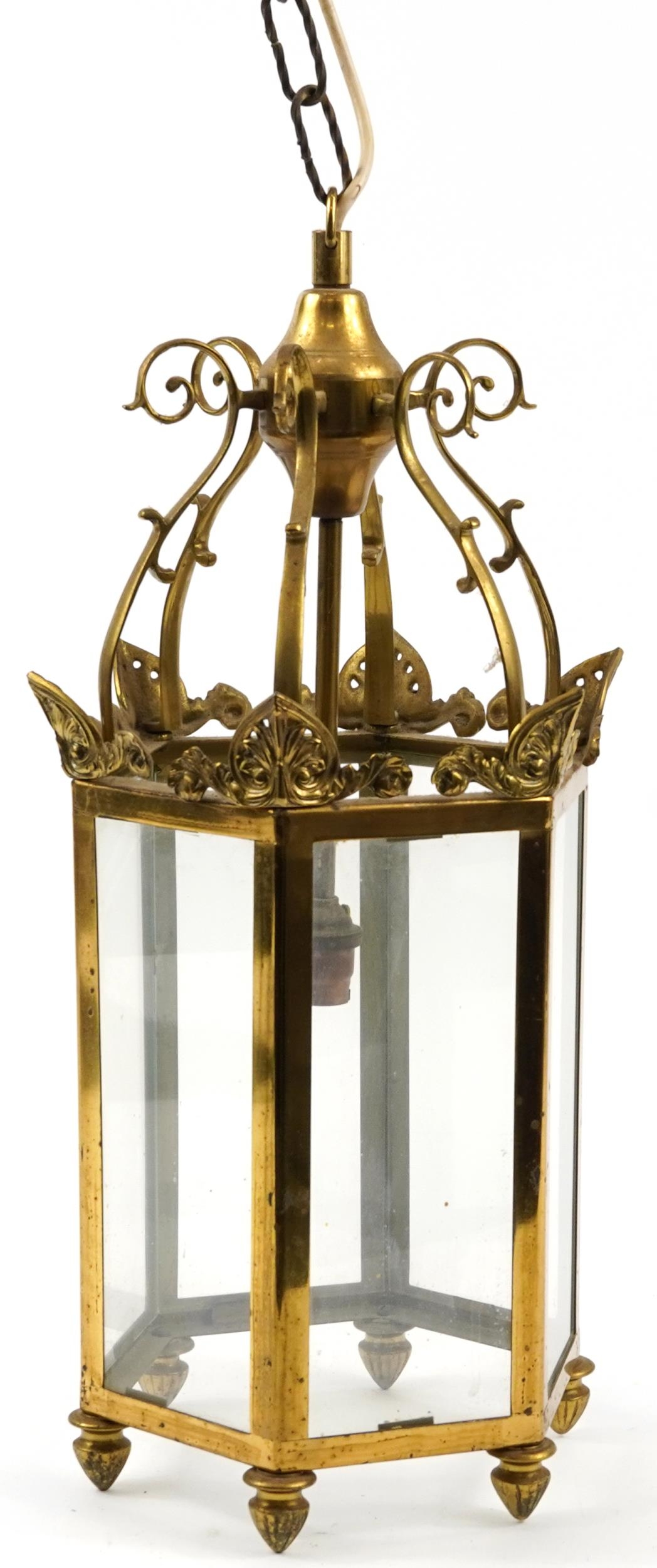 Vintage hexagonal brass and glass hanging lantern, 53cm high : For further information on this lot - Image 2 of 3
