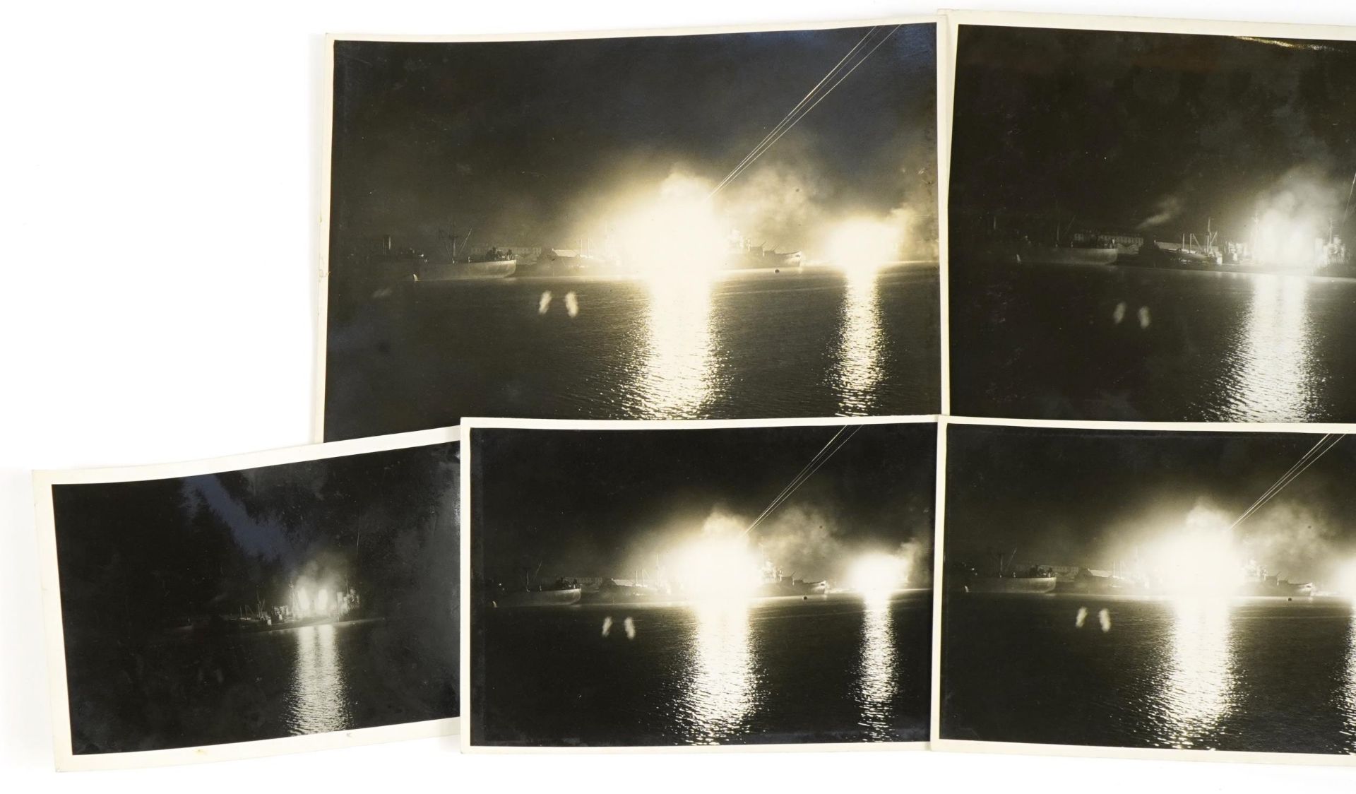 Six British military World War II naval photographs of ship explosions, each with Ministry of - Image 2 of 6