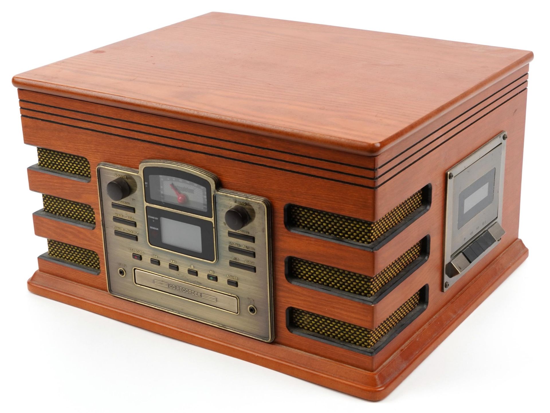 Retro Steepletone lightwood record/CD player and radio, 26cm H x 45cm W x 37cm D : For further - Image 2 of 3